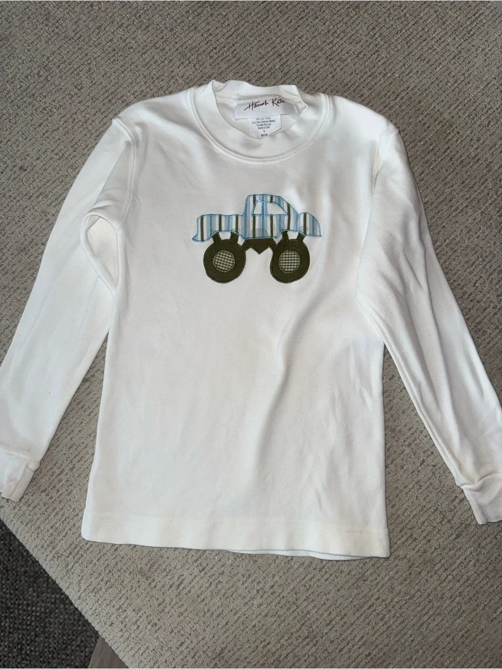 Hannah Kate White Long-Sleeve Tee with Blue Striped Truck Applique
